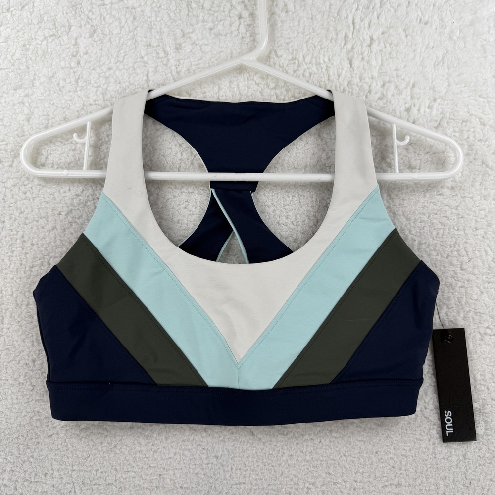 SOUL Sports Bra Womens Medium Navy Multi Chevron Racerback Athletic Gym Training
